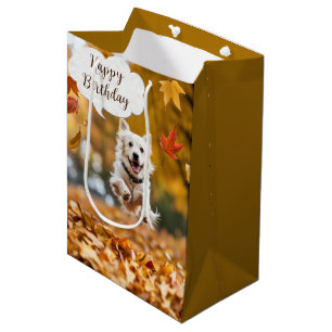 Sacola Para Presentes Média Feliz Cachorro De Aniversário Em Folhas De Queda