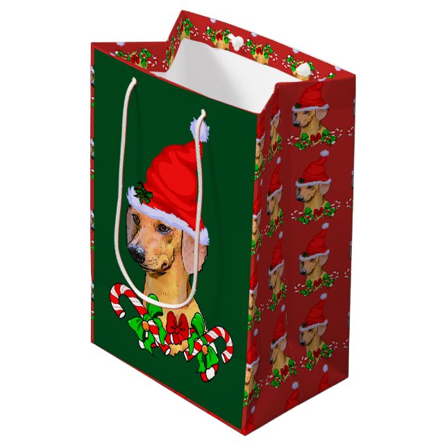 Sacola Para Presentes Média Feliz de Natal Dachshund (Frente inclinada)