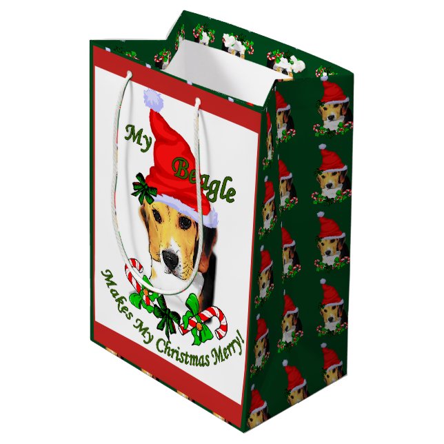 Sacola Para Presentes Média Feliz de Natal do Beagle (Verso inclinado)