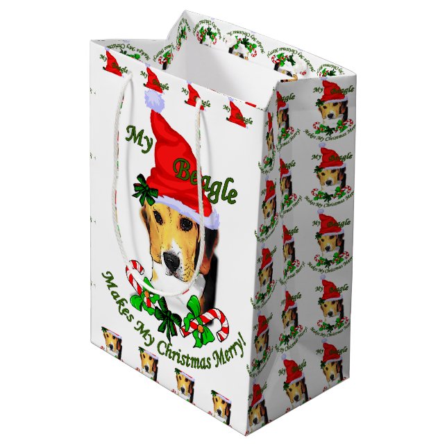 Sacola Para Presentes Média Feliz de Natal do Beagle (Verso inclinado)