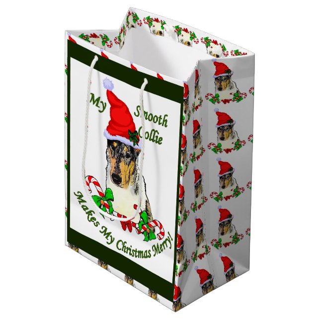 Sacola Para Presentes Média Feliz de Natal Smooth Collie (Frente inclinada)