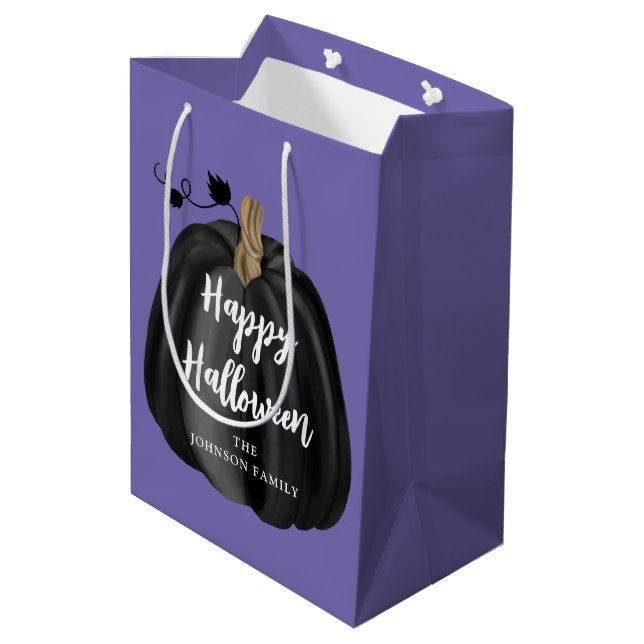 Sacola Para Presentes Média Feliz Dia das Bruxas de Pumpkin Roxo (Verso inclinado)