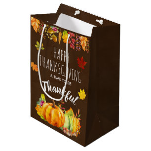 Sacola Para Presentes Média Feliz Dia de Ação de Graças Pumpkins e Folhagem de