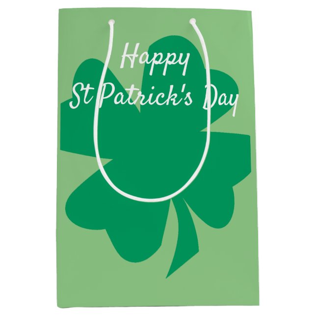 Sacola Para Presentes Média Feliz Dia de São Patrício Shamrock Leaf Irish Cust (Frente)