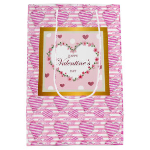 Sacola Para Presentes Média Feliz Dia dos Namorados no Coração e Flores Rosa