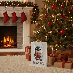 Sacola Para Presentes Média Feliz e Pinguim Brilhante Natal