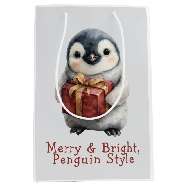Sacola Para Presentes Média Feliz e Pinguim Brilhante Natal (Frente)