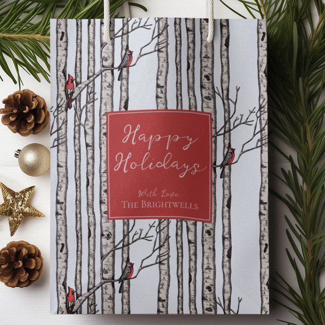 Sacola Para Presentes Média Feliz Feriados Vermelhos Cardinais Floresta de Ave (Pretty and Modern Hand Drawn Red Cardinals on Birch Tree Branches in Black Ink on a Blue Background.)