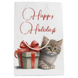 Sacola Para Presentes Média Feliz Gatinho de Férias com Presente