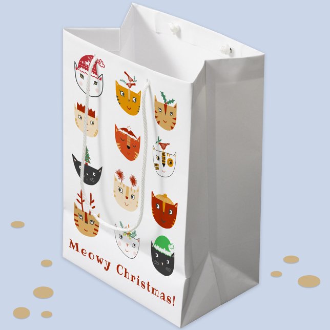 Sacola Para Presentes Média Feliz Gato Feliz Feriados de Natal (Fun Meowy Christmas kitty cat custom text gift bag)