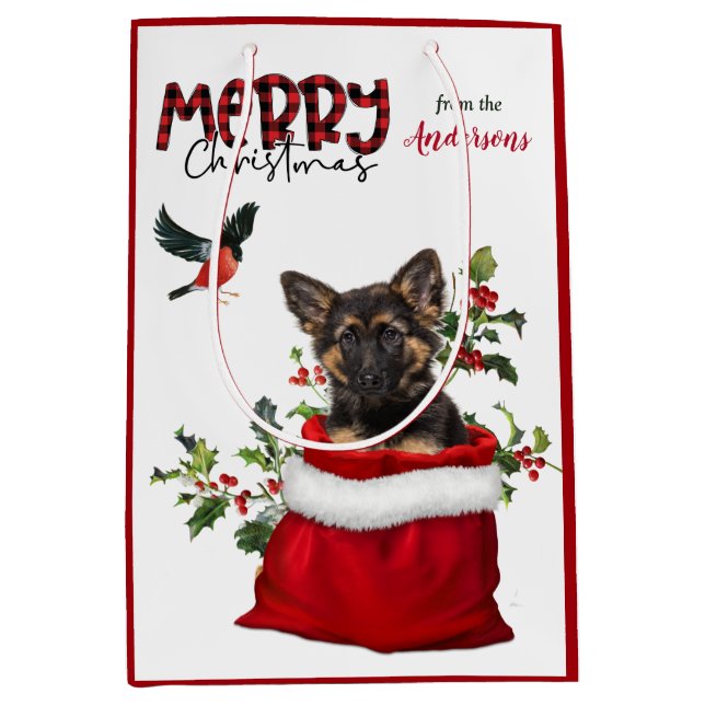 Sacola Para Presentes Média Feliz German shepherd Cachorro Feliz Natal (Frente)
