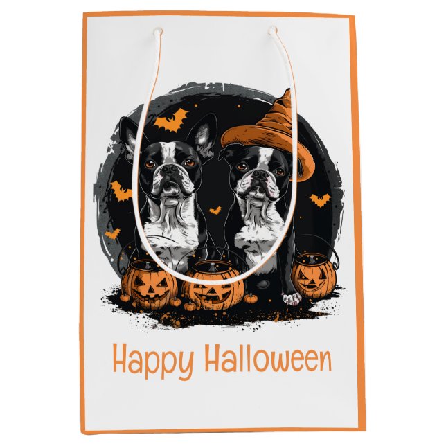 Sacola Para Presentes Média Feliz Halloween Boston Terrier Dogs (Frente)