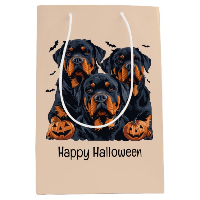 Sacola Para Presentes Média Feliz Halloween Rottweiler Cães Jack O Lanterna (Frente)