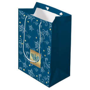 Sacola Para Presentes Média Feliz Hanukkah. Dourado Menorah e padrão floral