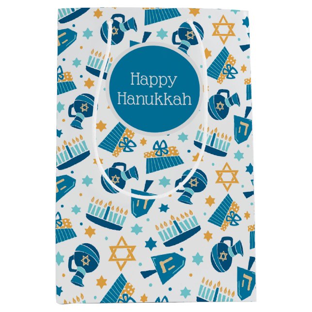 Sacola Para Presentes Média Feliz Hanukkah Pattern Gift Bag (Frente)