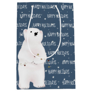 Sacola Para Presentes Média FELIZ HOLIDAYS Urso Polar Em Estrelas