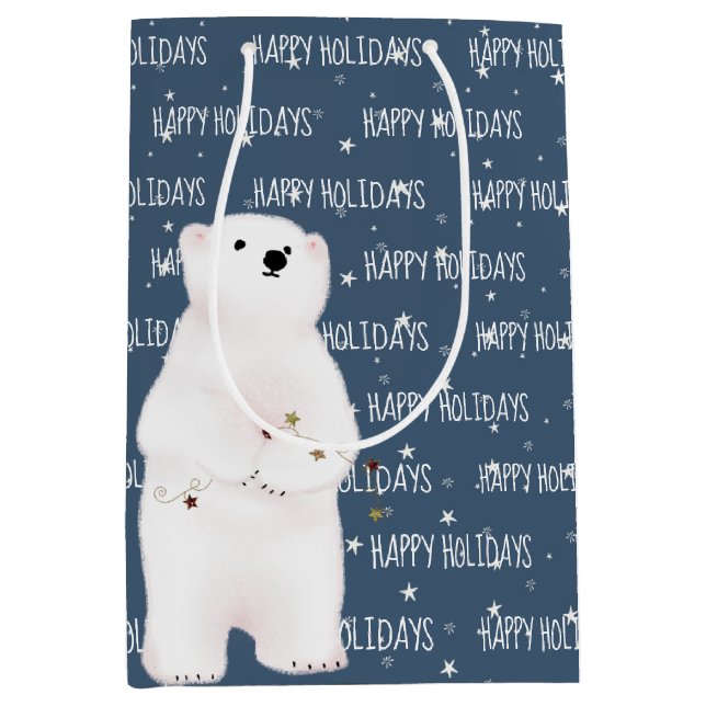 Sacola Para Presentes Média FELIZ HOLIDAYS Urso Polar Em Estrelas (Frente)