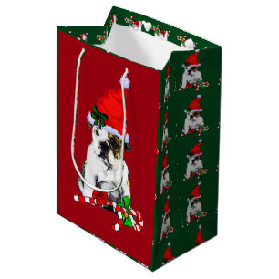 Sacola Para Presentes Média Feliz inglesa do Natal do buldogue