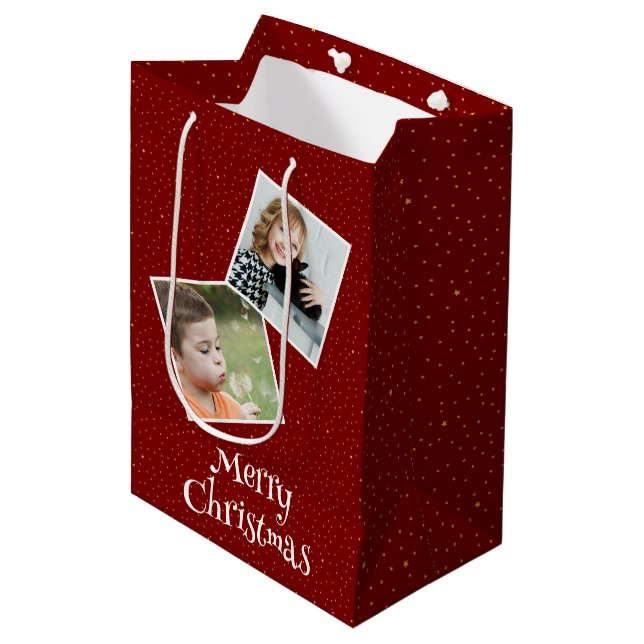 Sacola Para Presentes Média Feliz Natal 2 fotos e estrelas personalizadas (Frente inclinada)