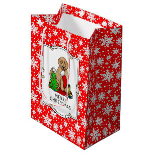 Sacola Para Presentes Média Feliz Natal 2 Goldendoodle (ouro vermelho)