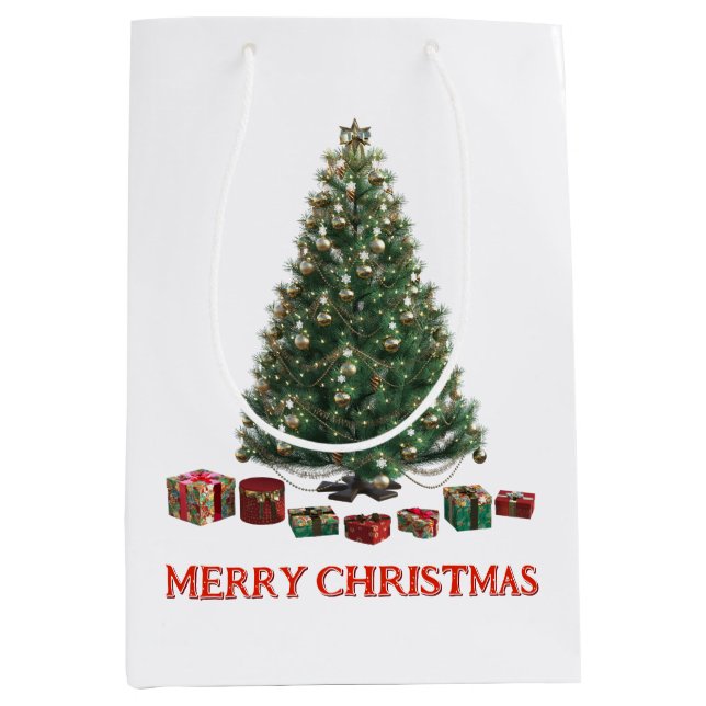 Sacola Para Presentes Média Feliz Natal. Árvore (design 1) com presentes (Frente)