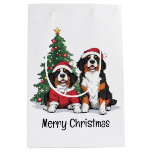 Sacola Para Presentes Média Feliz Natal Bernese Mountain Dogs