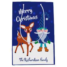 Sacola Para Presentes Média Feliz Natal Blue Gnomo Deer