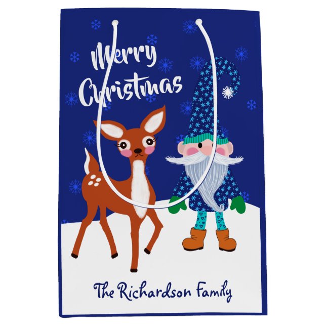 Sacola Para Presentes Média Feliz Natal Blue Gnomo Deer (Frente)