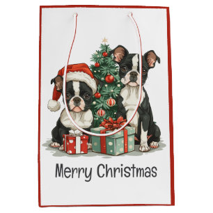 Sacola Para Presentes Média Feliz Natal - Boston Terrier Dogs