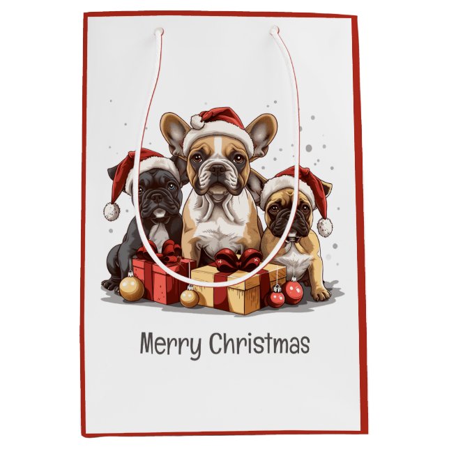 Sacola Para Presentes Média Feliz Natal - Bulldog Francês Santa Hat (Frente)