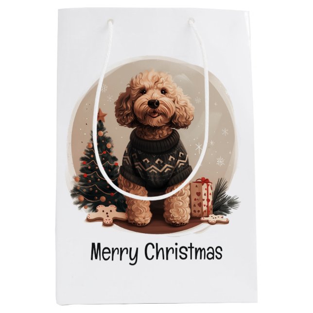 Sacola Para Presentes Média Feliz Natal Cachorro de Cachorro de Goldendoodle (Frente)