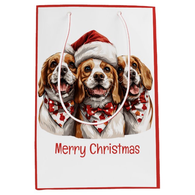 Sacola Para Presentes Média Feliz Natal Cachorros de Beagle (Frente)