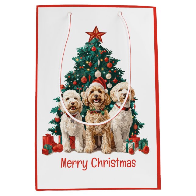 Sacola Para Presentes Média Feliz Natal Cachorros de Goldendoodle (Frente)