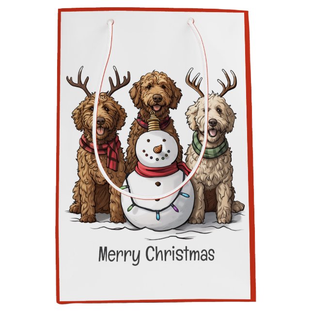 Sacola Para Presentes Média Feliz Natal Cachorros de Goldendoodle (Frente)