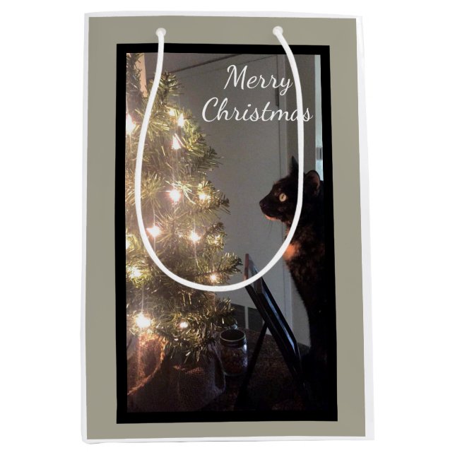 Sacola Para Presentes Média Feliz Natal Calico Cat Média Gift Bag (Frente)