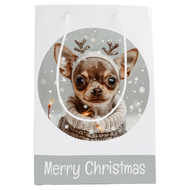 Sacola Para Presentes Média Feliz Natal Chihuahua Rena Cachorro (Frente)