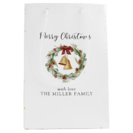 Sacola Para Presentes Média Feliz Natal, coroa de folhagem com sinos de ouro