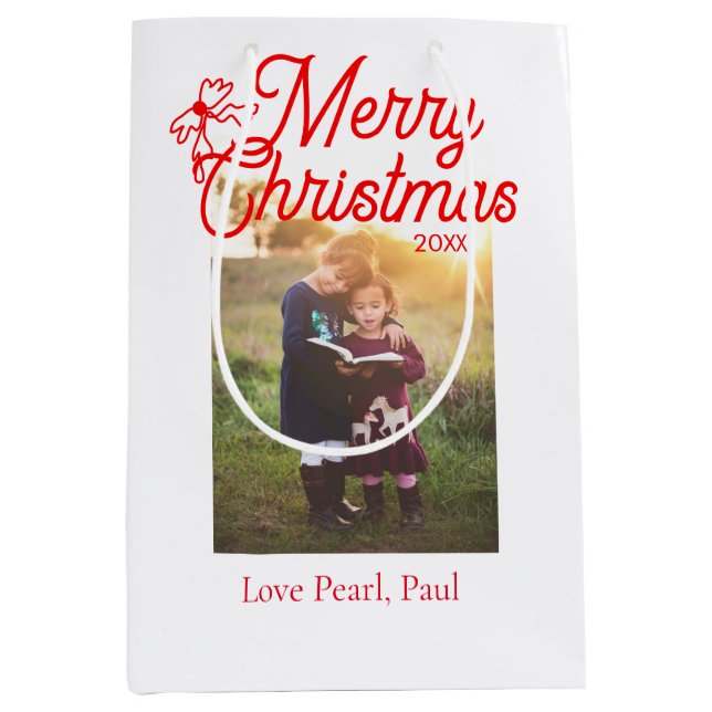 Sacola Para Presentes Média Feliz Natal crianças arcos vermelhas foto elegante (Frente)