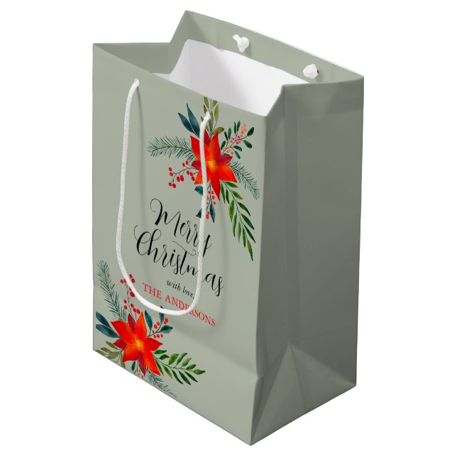 Sacola Para Presentes Média Feliz Natal da Poinsettia Vermelha Personalizada (Frente inclinada)