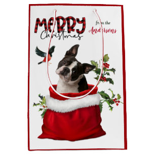 Sacola Para Presentes Média Feliz Natal de Boston Terrier Dog