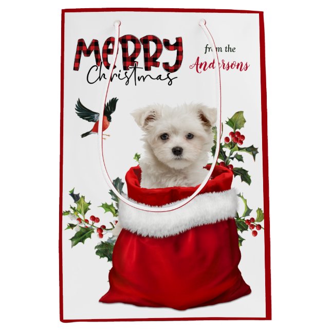 Sacola Para Presentes Média Feliz Natal de Cachorro Maltês (Frente)