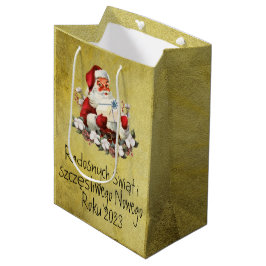 Sacola Para Presentes Média Feliz Natal em polonês Dourado