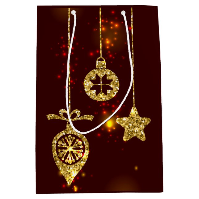 Sacola Para Presentes Média Feliz Natal Feriado Vermelho Glitter Espumante (Frente)