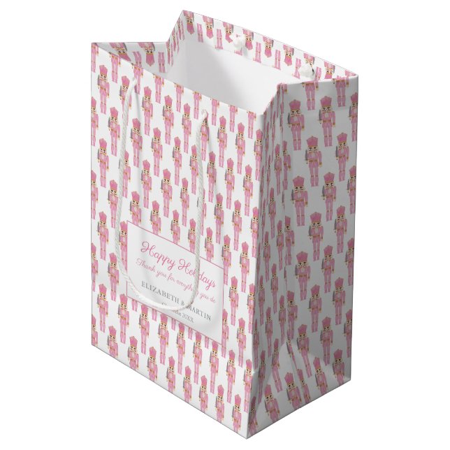 Sacola Para Presentes Média Feliz Natal Feriados de Nozes Rosa Pink Pastel (Frente inclinada)