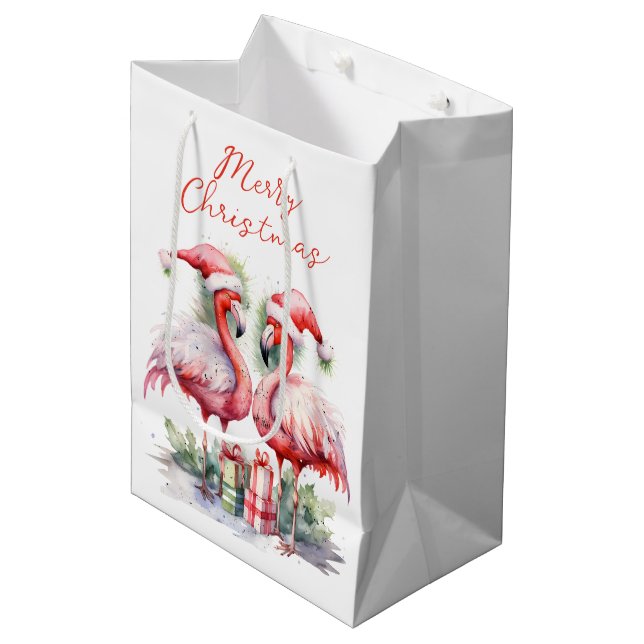 Sacola Para Presentes Média Feliz Natal Flamingos Rosa (Frente inclinada)