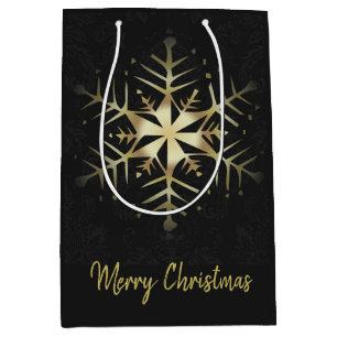Sacola Para Presentes Média Feliz Natal Floco de Neve Dourado
