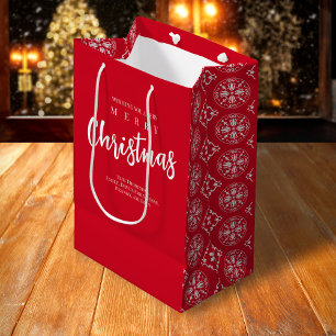 Sacola Para Presentes Média Feliz Natal Floco de Neve Vermelho Quente