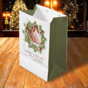 Sacola Para Presentes Média Feliz Natal Foto Watercolor Greenery Wreath