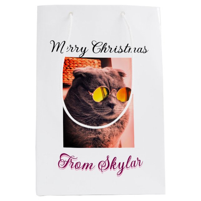 Sacola Para Presentes Média Feliz Natal, gato, cão de estimação, foto de amor (Frente)