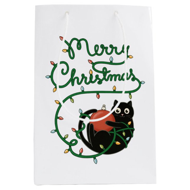Sacola Para Presentes Média Feliz Natal Gato Preto com Ornamento e Luzes (Frente)